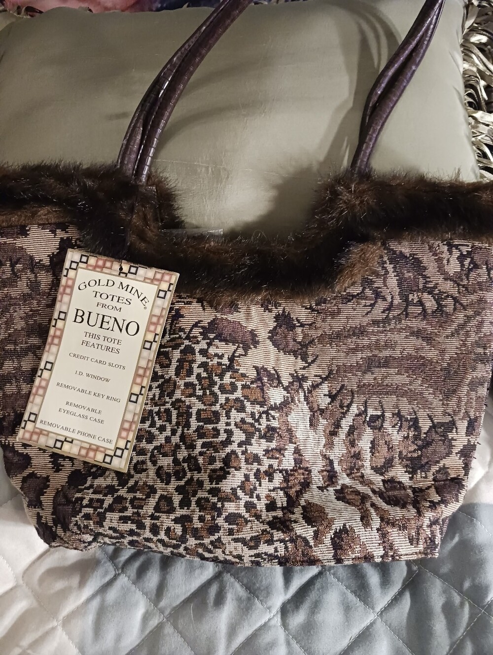 Bueno Brown Animal-Print Tote with Faux-Fur Trim